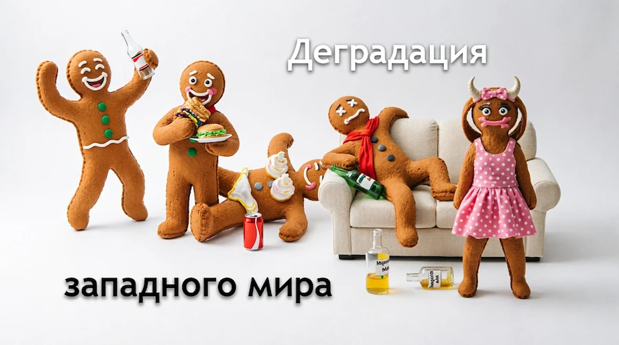 Пряничные человечки в состояниях деградации: танцуют с алкоголем, едят фастфуд, лежат пьяными на диване, один в платье с рогами — метафора деградации западного общества