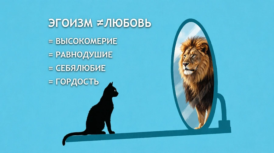 Кошка смотрит в зеркало и видит льва, надпись «ЭГОИЗМ ≠ ЛЮБОВЬ» со списком: высокомерие, равнодушие, себялюбие, гордость - метафора эгоизма