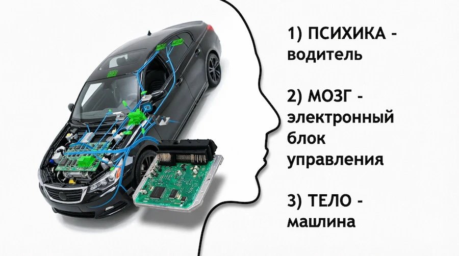 Инфографика-аналогия 1-го биологического закона Хамера: слева автомобиль с видимой электроникой (синие провода, зелёные платы) и вынесенный электронный блок управления, справа силуэт человеческой головы. Текст: 1) ПСИХИКА - водитель, 2) МОЗГ - электронный блок управления, 3) ТЕЛО - машина. Иллюстрация к статье о Специальной Биологической Программе (СБП): организм работает в триединстве психики, мозга и тела, ни один уровень в отдельности не является причиной запуска СБП (Германская Новая Медицина)