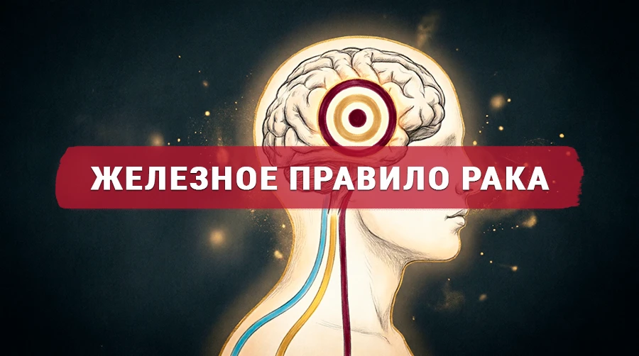 Профиль человеческой головы с мозгом на тёмном фоне: концентрические бордово-золотые кольца очага конфликта в коре головного мозга и три линии — голубая, золотая и бордовая — спускаются от мозга к телу, символизируя единство психики, мозга и тела в 1-м биологическом законе Хаммера (Германская Новая Медицина)