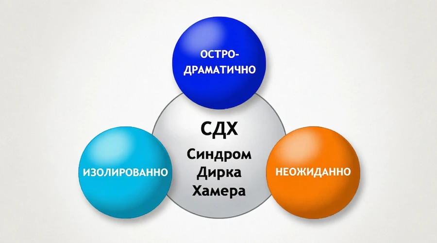 Схема 1-го критерия Железного Правила Рака: в центре светлый круг с надписью «СДХ — Синдром Дирка Хамера», вокруг него три цветных круга — три условия возникновения биологического конфликта: «остро-драматично» (синий), «изолированно» (голубой) и «неожиданно» (оранжевый). Только при одновременном совпадении всех трёх условий активируется Специальная Биологическая Программа (СБП)