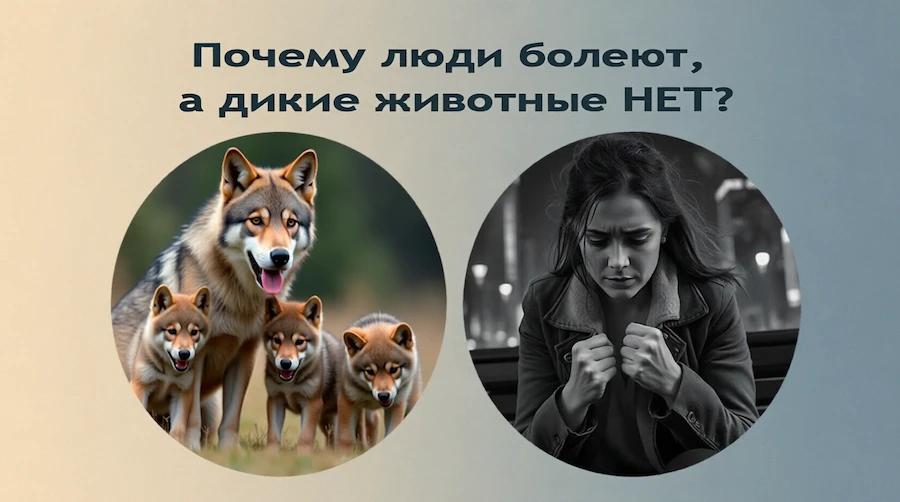 Слева в цвете — волчица с волчатами в дикой природе, справа в чёрно-белом — женщина, терпящая стресс: иллюстрация того, почему люди болеют, а животные нет — животные не терпят конфликты, а сразу их разрешают