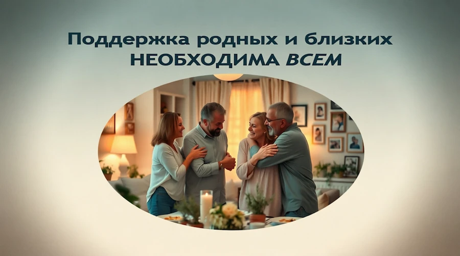 Четверо взрослых обнимаются и улыбаются в уютной гостиной: иллюстрация того, что поддержка родных и близких необходима всем — умение запросить помощь снимает фактор изолированности, одно из условий запуска СБП в Германской Новой Медицине