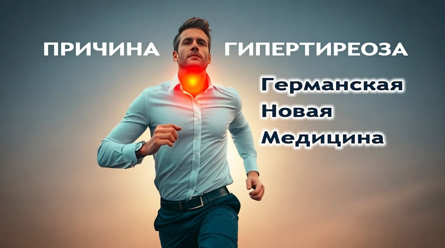 Бегущий мужчина в рубашке со светящейся оранжевым щитовидной железой на шее, надписи «Причина гипертиреоза» и «Германская Новая Медицина»: гиперфункция железы — Биологическая Программа на конфликт «общей медлительности», дающая больше тироксина и активности для решения задачи