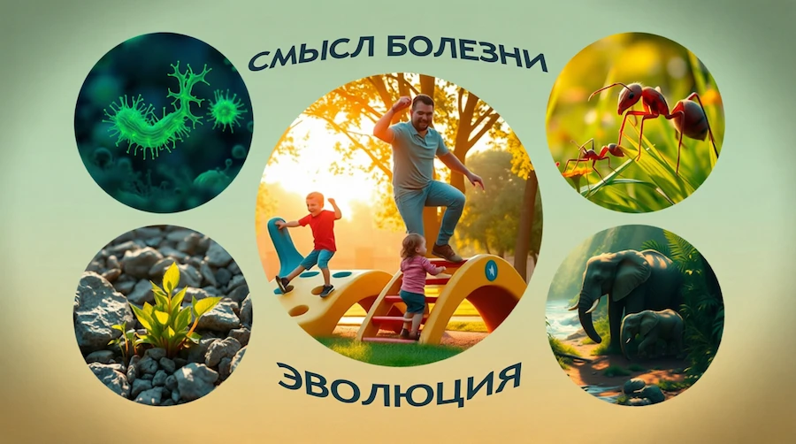 Коллаж «Смысл болезни и эволюция»: в центре отец с детьми на игровой площадке, вокруг — микробы, муравьи, росток сквозь камни и слониха со слонёнком; болезнь — проверенная природой Биологическая Программа, через которую мы учимся и передаём опыт потомкам